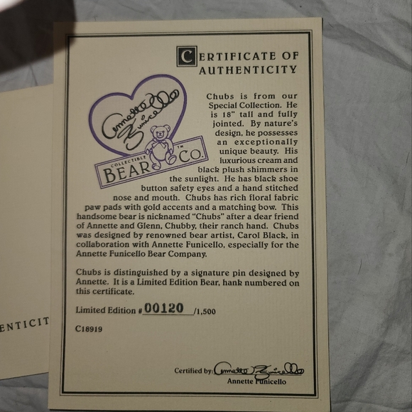 Rare Annette Funicello Chubs Bear in Original Box W/ COA - Picture 3 of 6